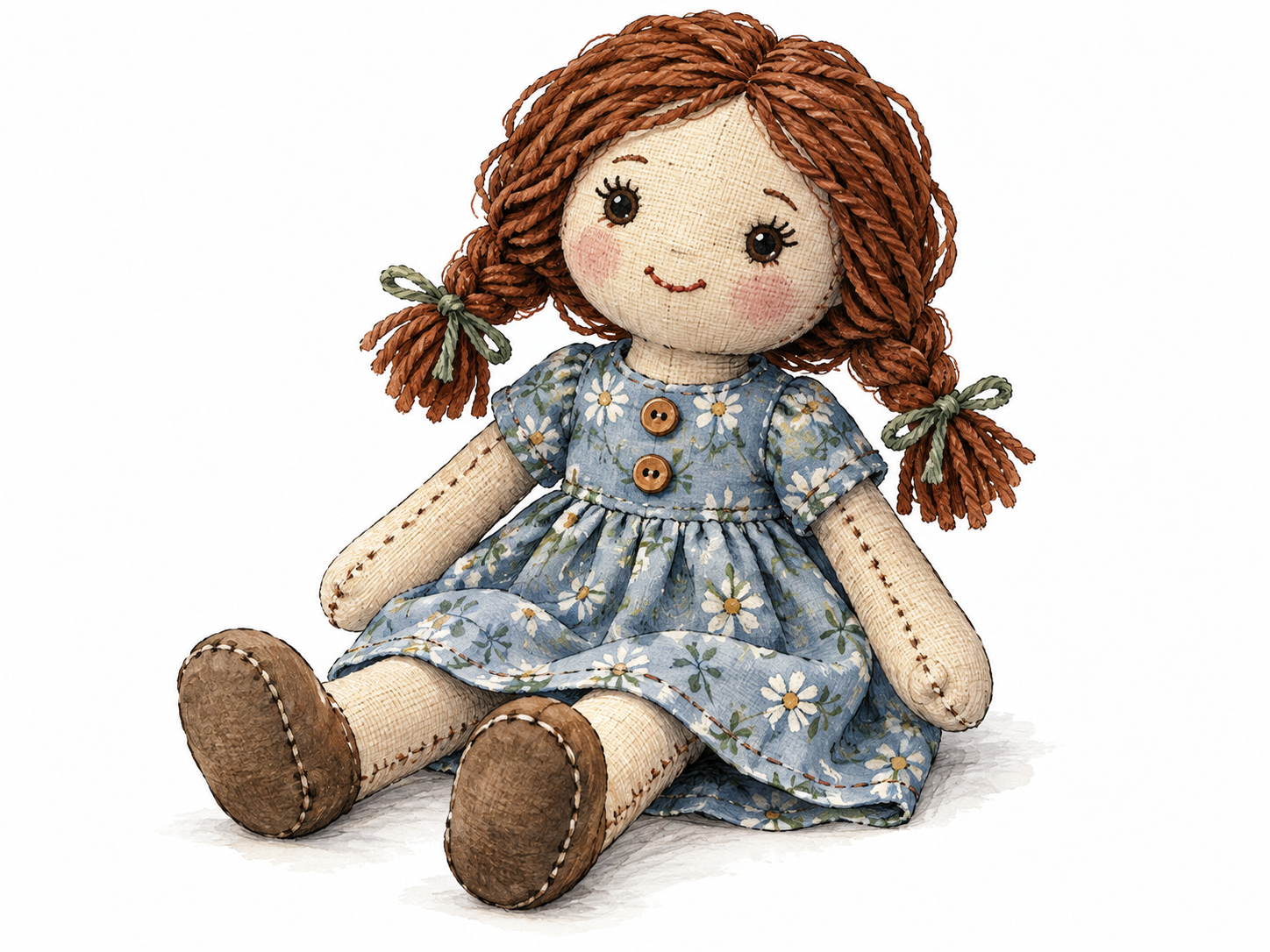 A handmade cloth doll with realistic stitched face, yarn hair and simple dress, still life.