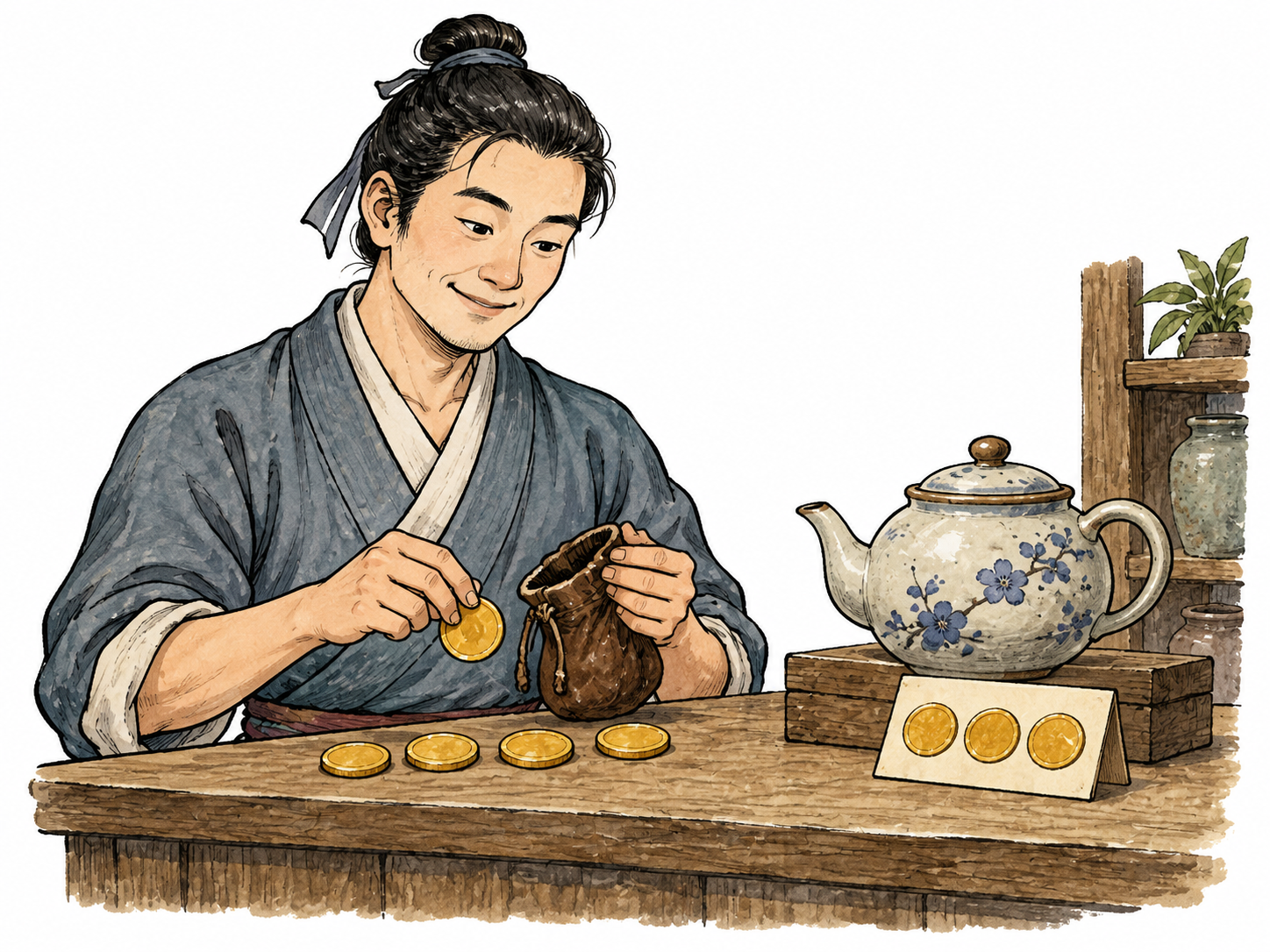 East Asian man has five tokens for a three-token teapot.