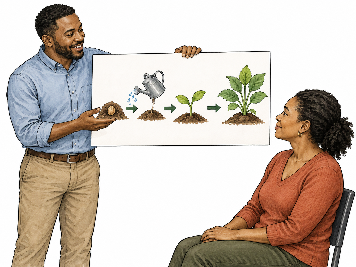 Teacher uses visual planting instructions.