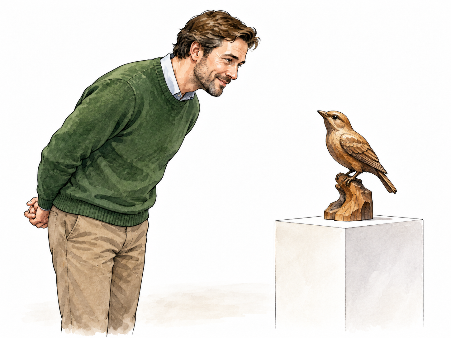 Gallery visitor appreciatively studying a carved wooden bird.
