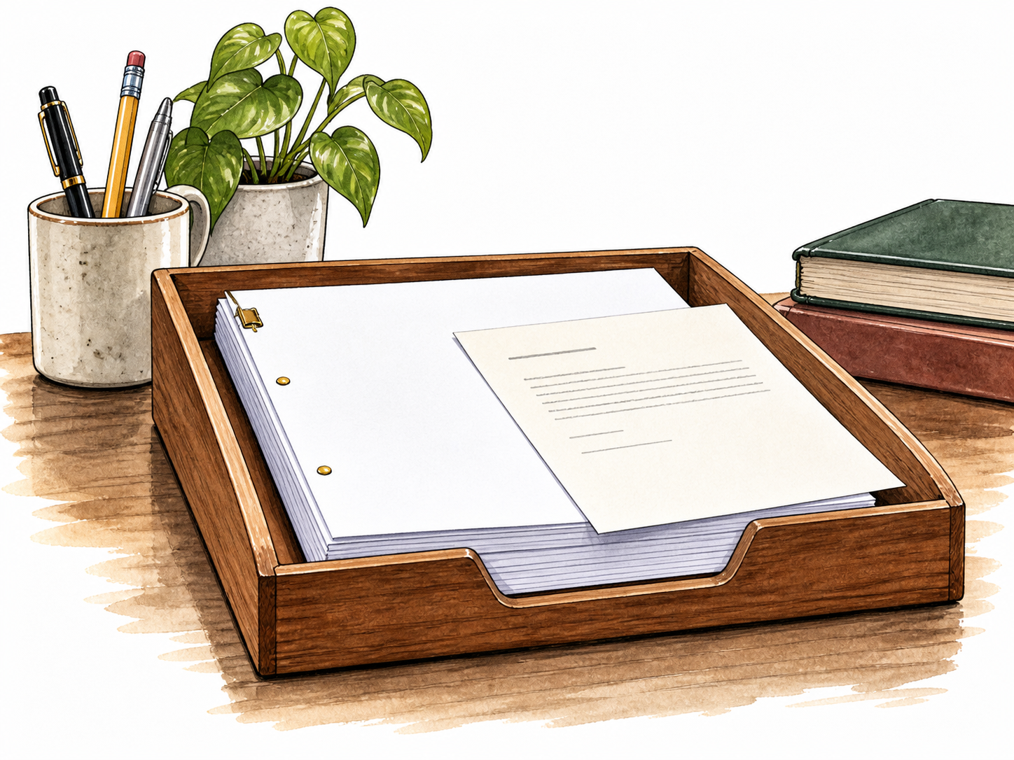 A neatly bound manuscript and cover letter sit in a submissions tray on an editor's desk.