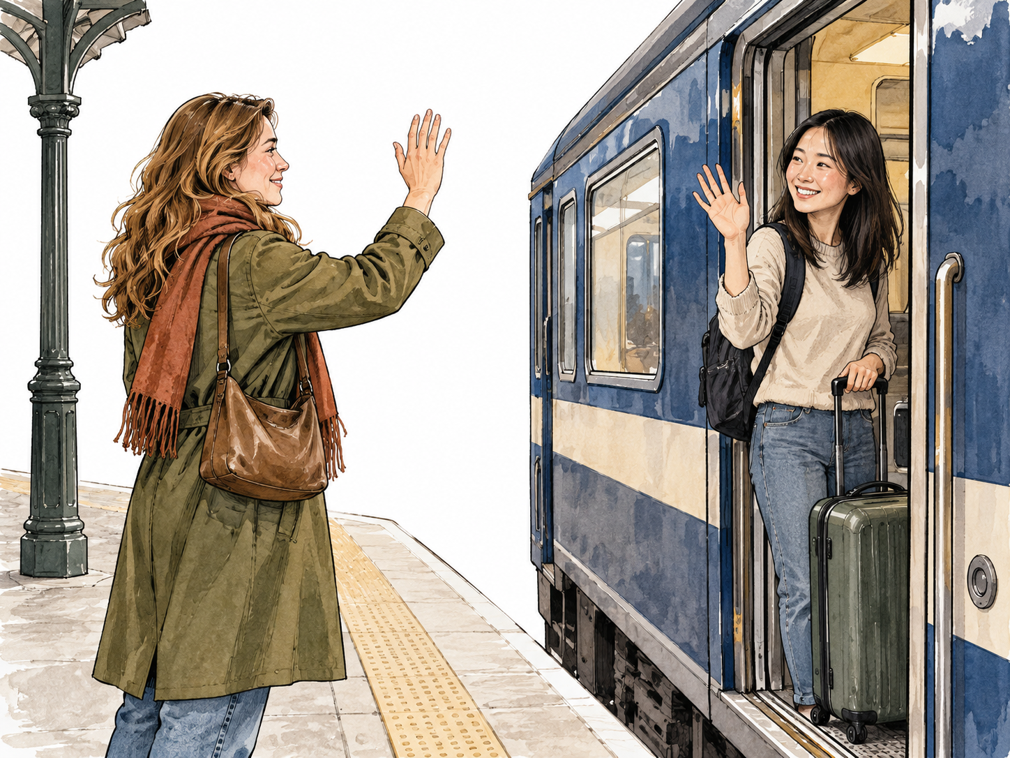 Two friends at a railway platform wave a heartfelt goodbye as one boards with a suitcase.