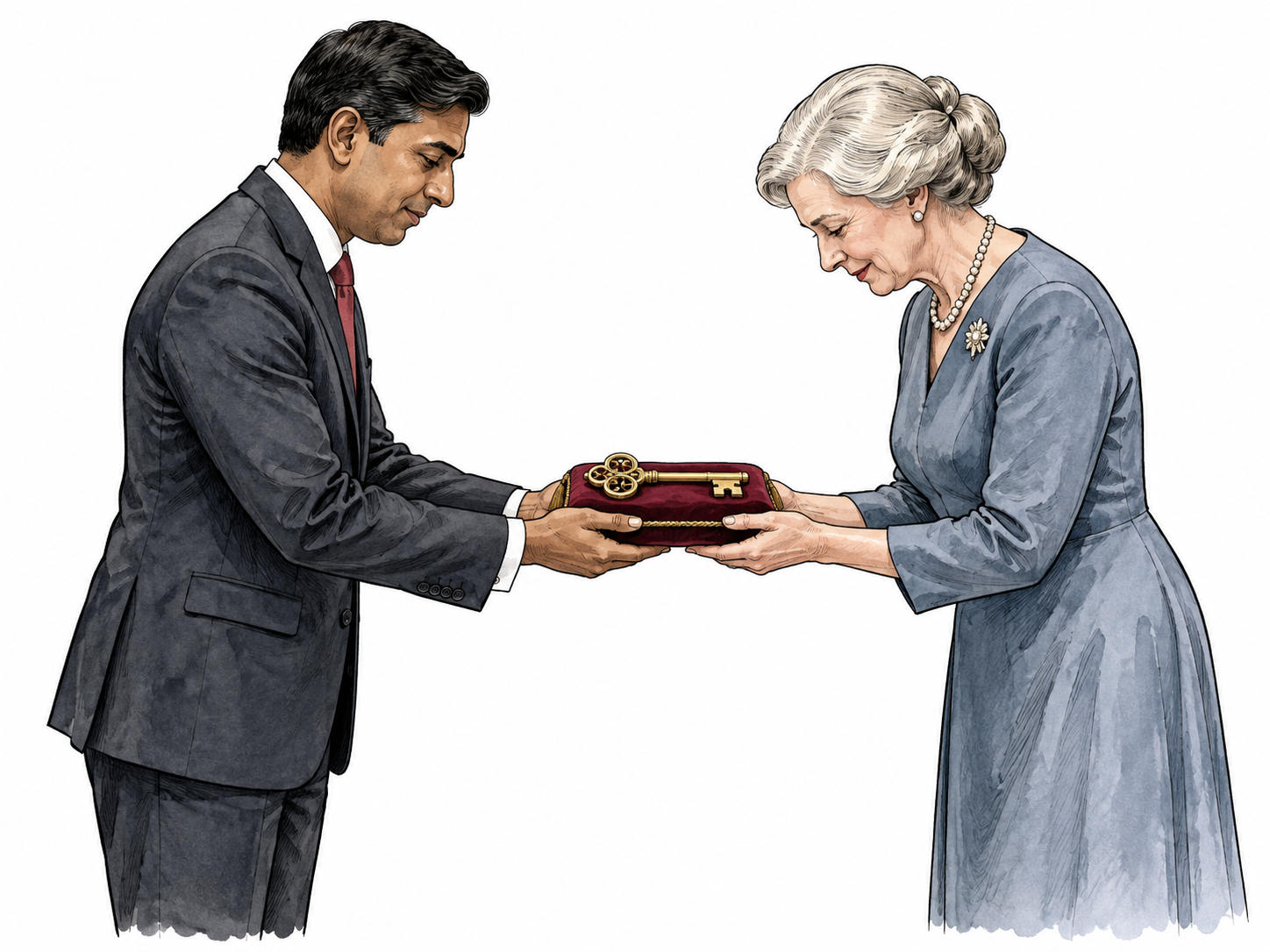 South Asian official formally presents key to white older woman.