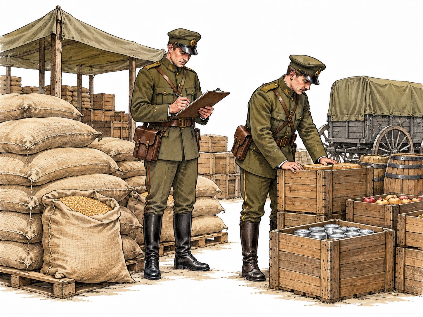 Military supply depot with orderly sacks of grain, crates of food and two uniformed quartermasters inventorying them.