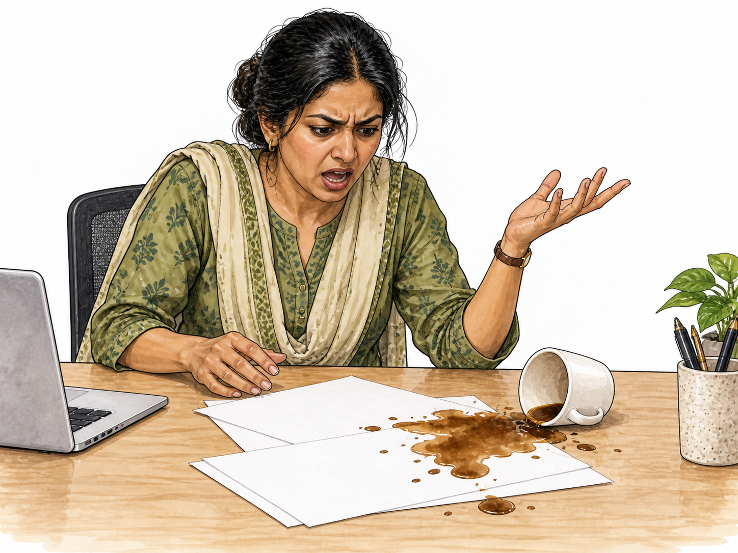 Sharp frustration at spilled coffee.