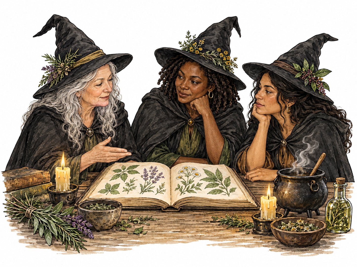 Three witches gathered around herb book and cauldron.
