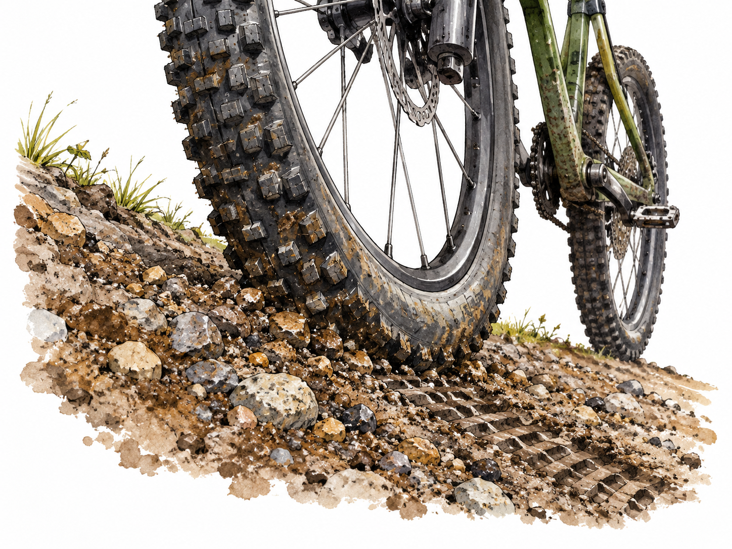 Bicycle tire tread gripping rough gravel.