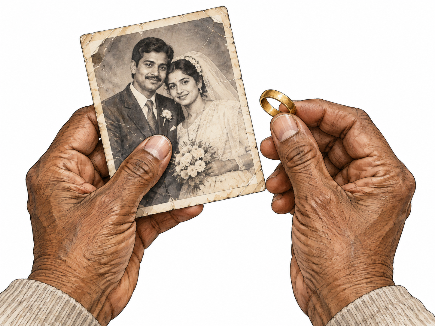A treasured worn family photograph and wedding ring carefully held in two hands, personal importance rather than price.