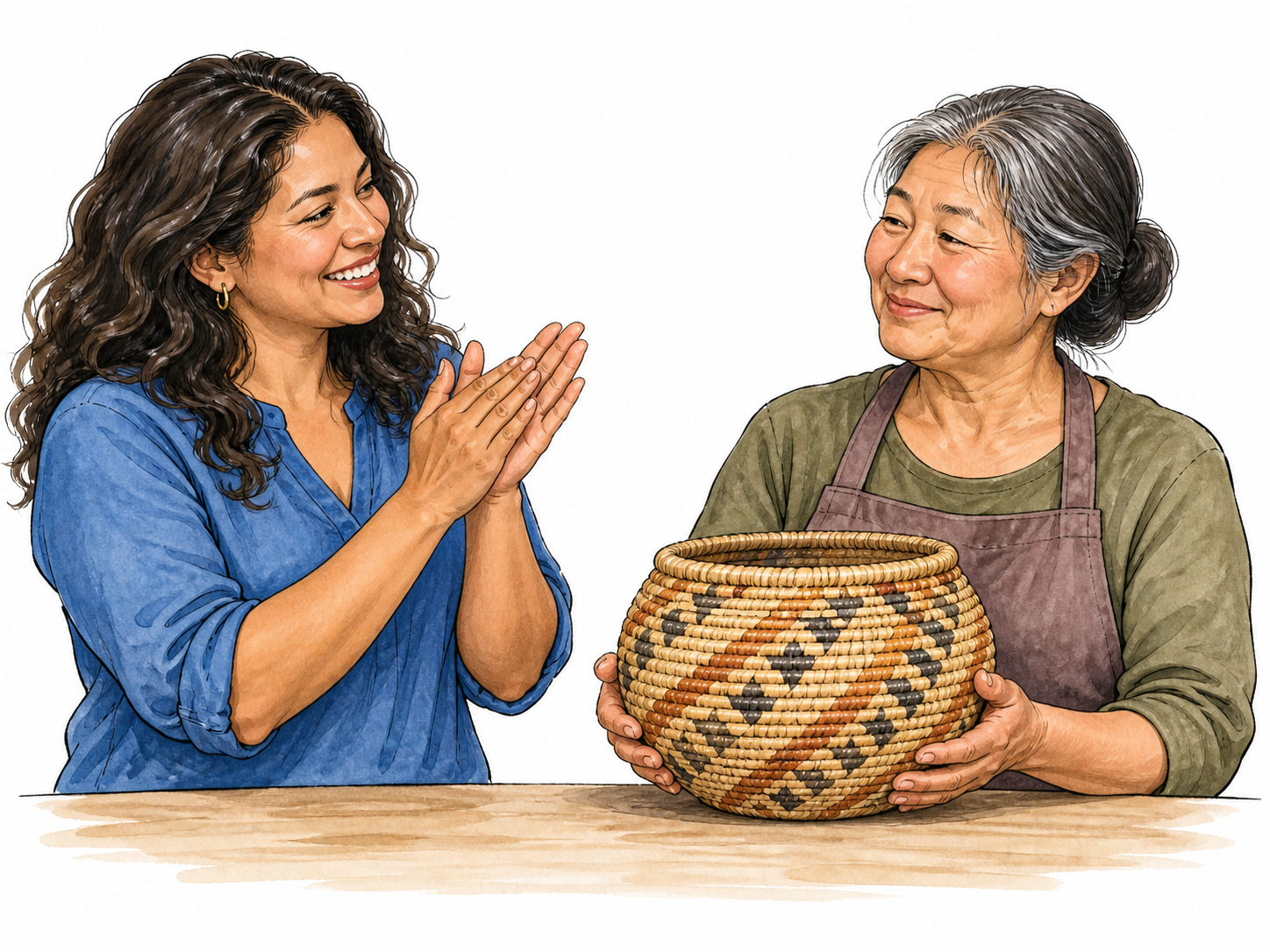 Woman warmly applauding a basket maker's work.