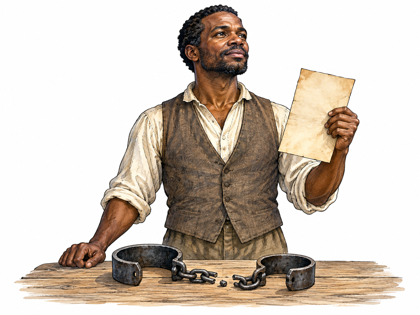 A dignified adult formerly enslaved holds a freedom document beside open shackles on a table, upright hopeful stance; no violence, no text.
