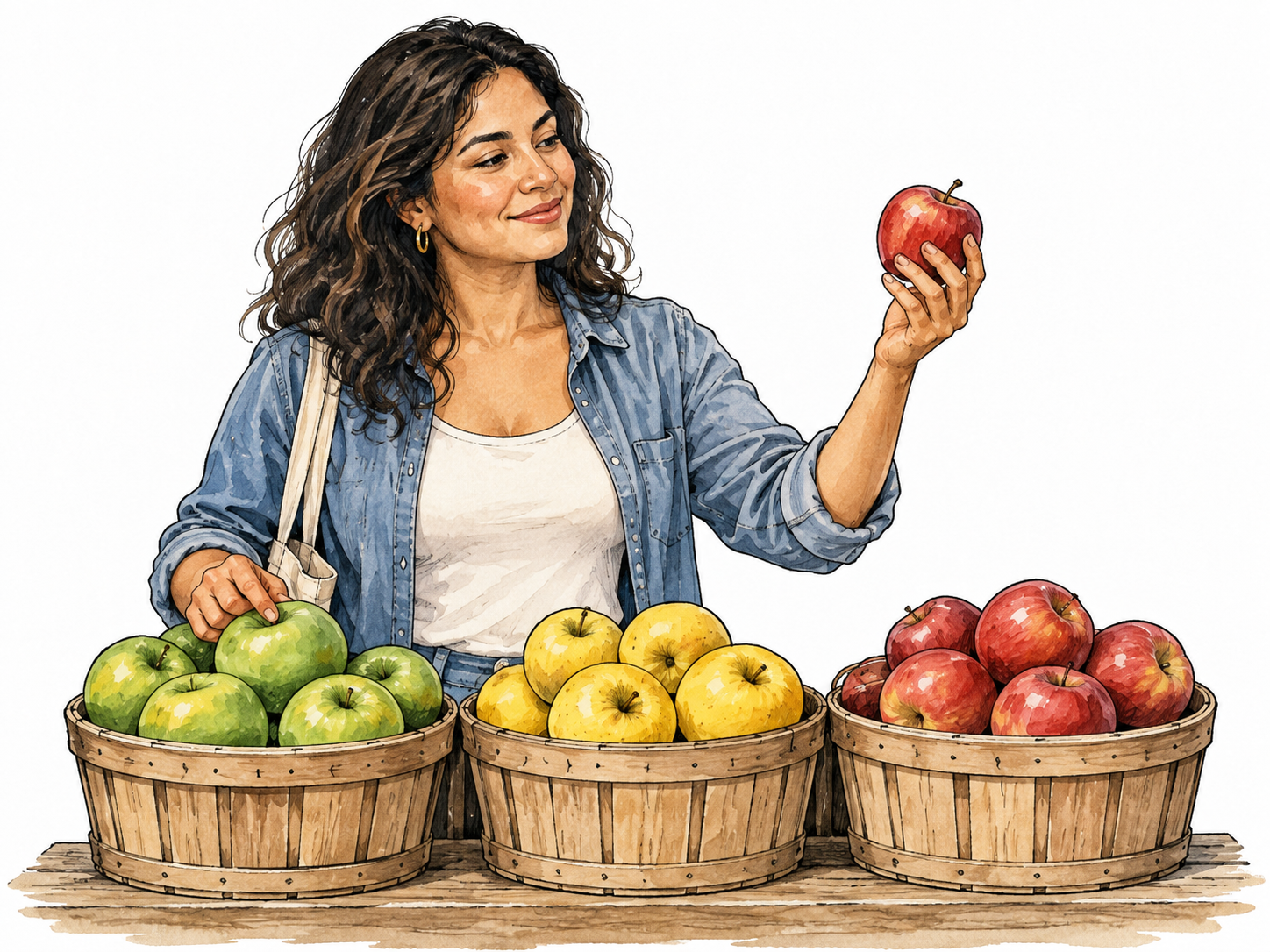 Woman selects one apple among options.