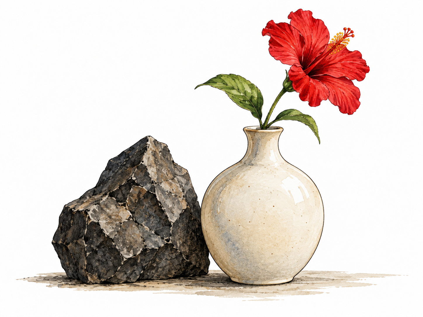 Rough dark stone beside a smooth pale vase and bright flower.