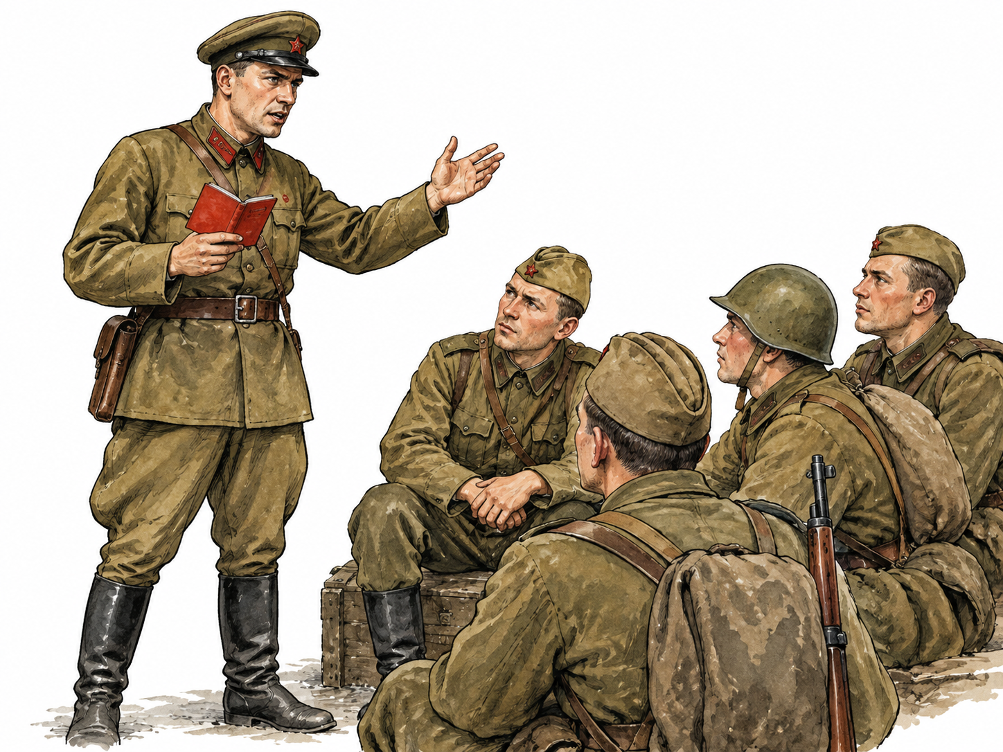 A historically plausible Soviet political officer in plain period uniform and red-star cap addresses seated soldiers using a red booklet; neutral documentary depiction.
