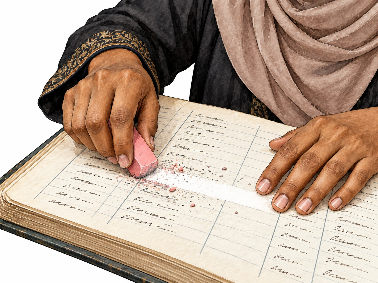 Middle Eastern archivist erasing a whole ledger entry.