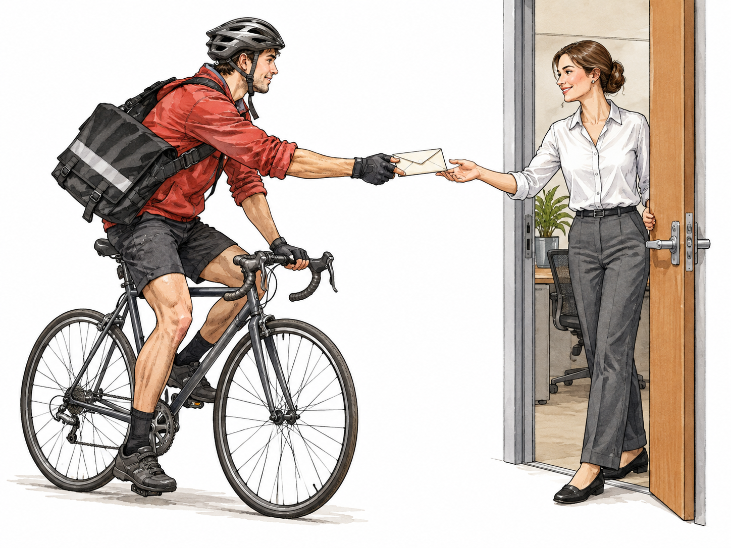 A bicycle messenger hands a sealed envelope to a recipient at an office doorway.