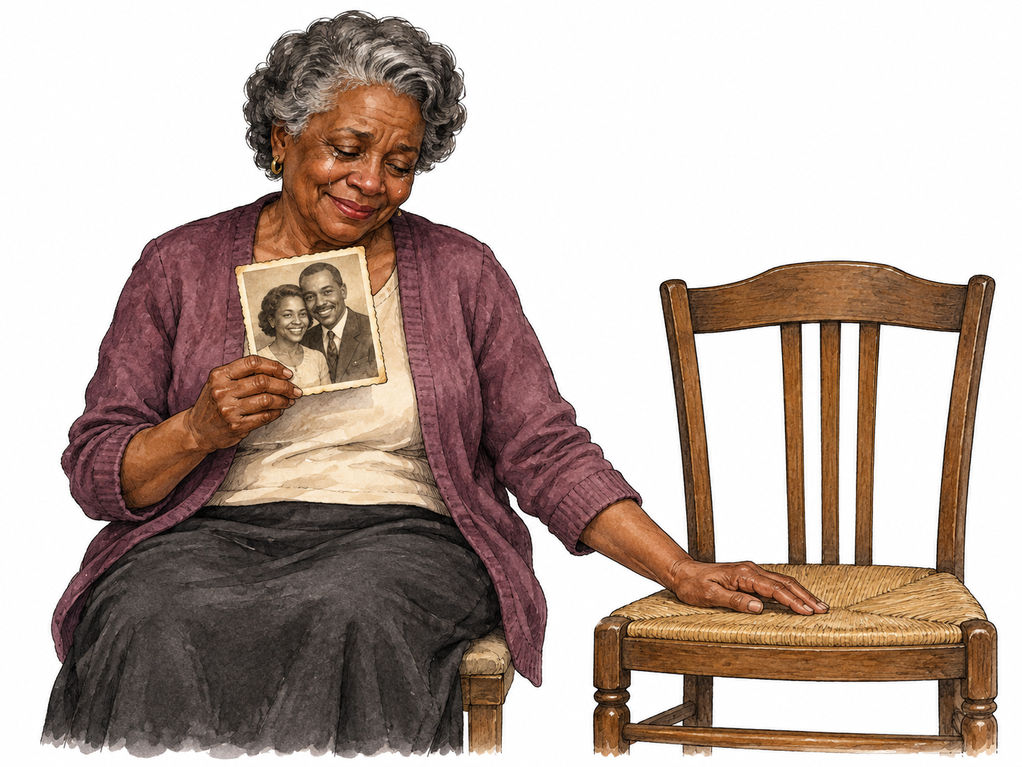 Older Black woman tenderly holding an old couple photograph beside an empty chair.