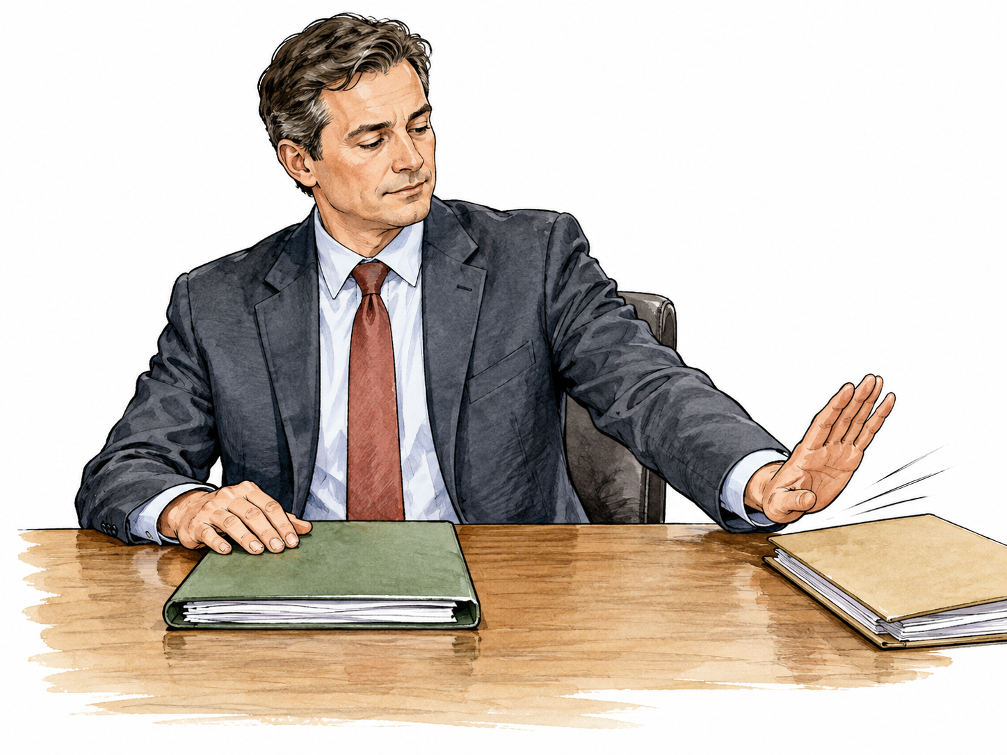 A manager gently pushes a rejected proposal folder aside with a clear dismissive palm while another folder remains centered.
