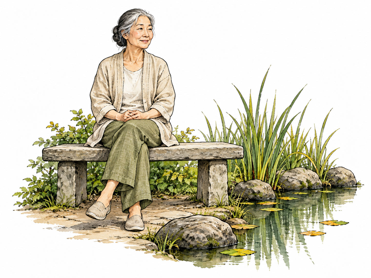 Peaceful East Asian older woman beside still pond.