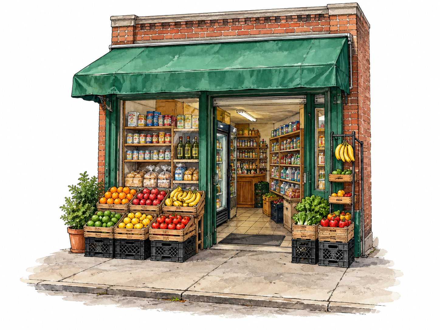 Compact neighborhood grocery with produce crates.