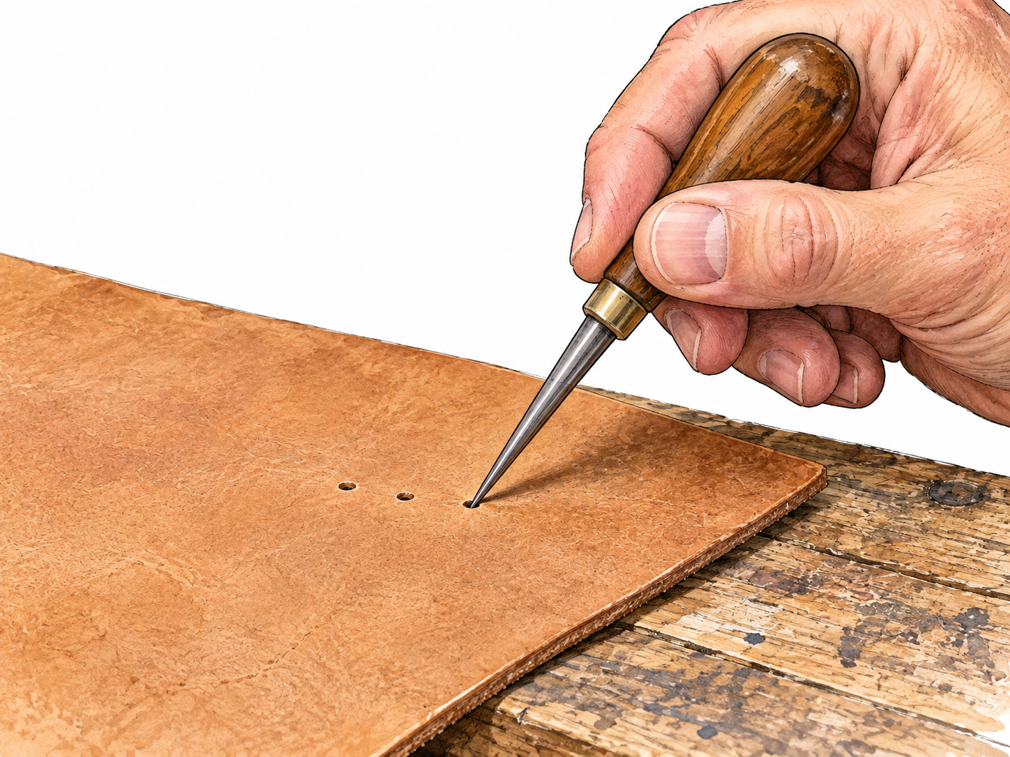 Awl piercing leather to make a small hole.
