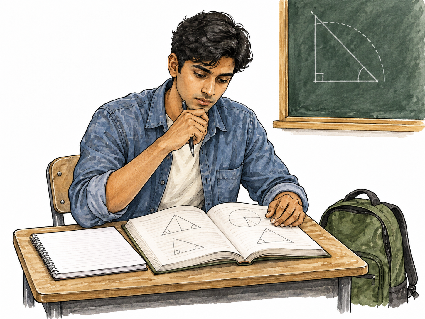 South Asian college student learning geometry.