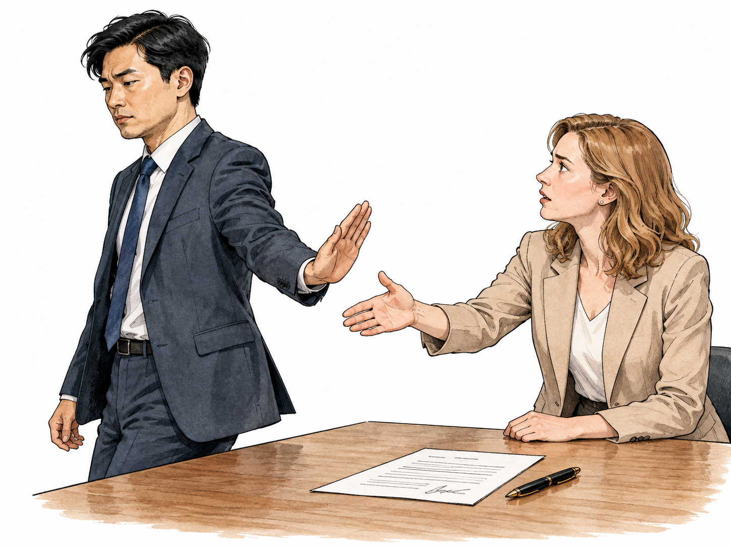 A person withdraws a hand from an agreed handshake and turns away, signed agreement left on table.