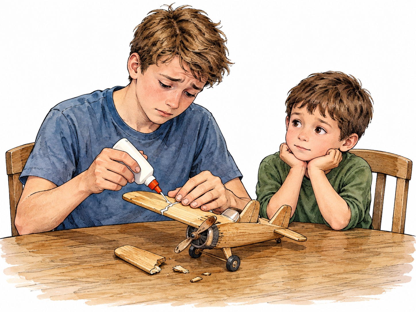 Remorseful older brother repairs damaged toy.