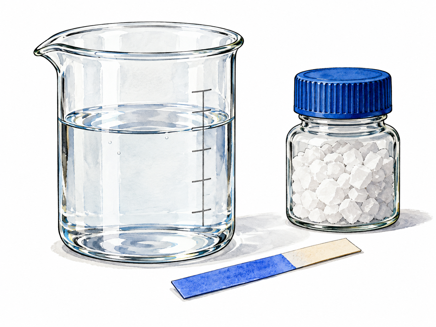 A laboratory beaker containing a clear alkaline solution beside a blue litmus strip and small sealed base container; no active unsafe handling.