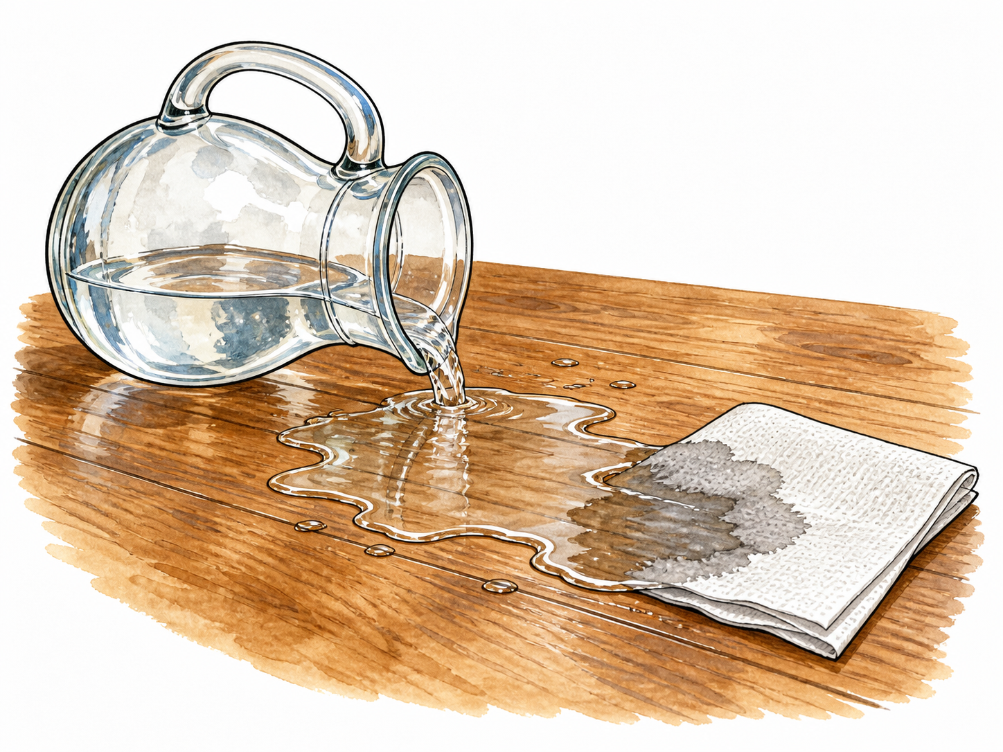 Spilled jug producing a puddle and wet napkin.