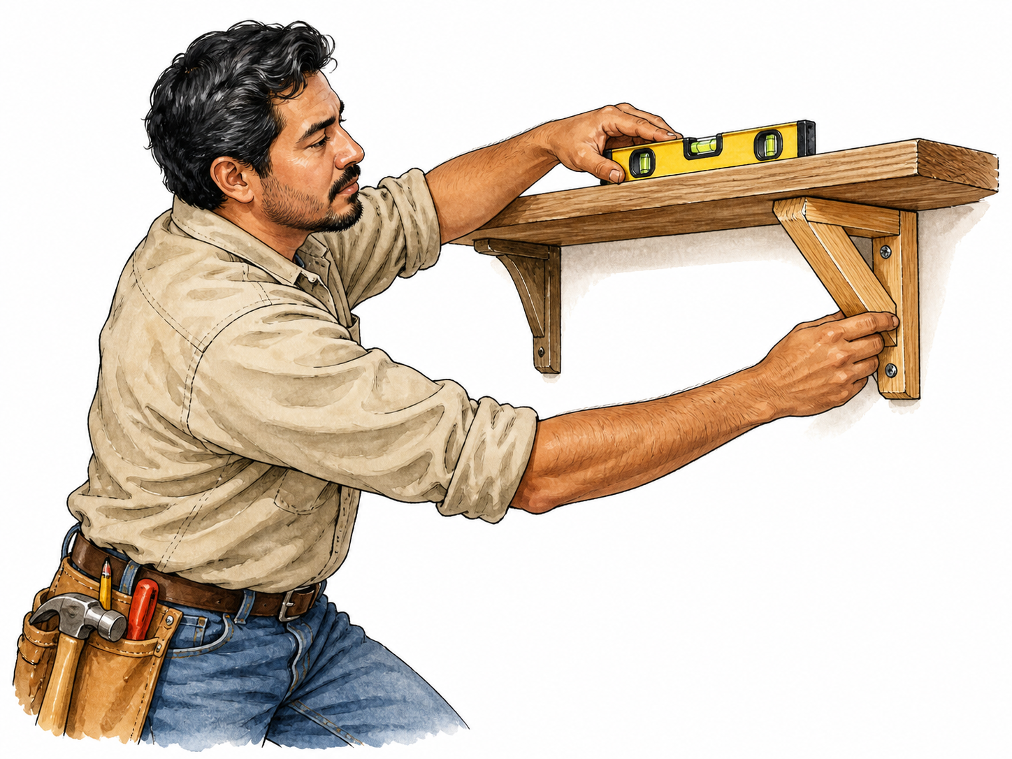Carpenter reinforcing and leveling a shelf.