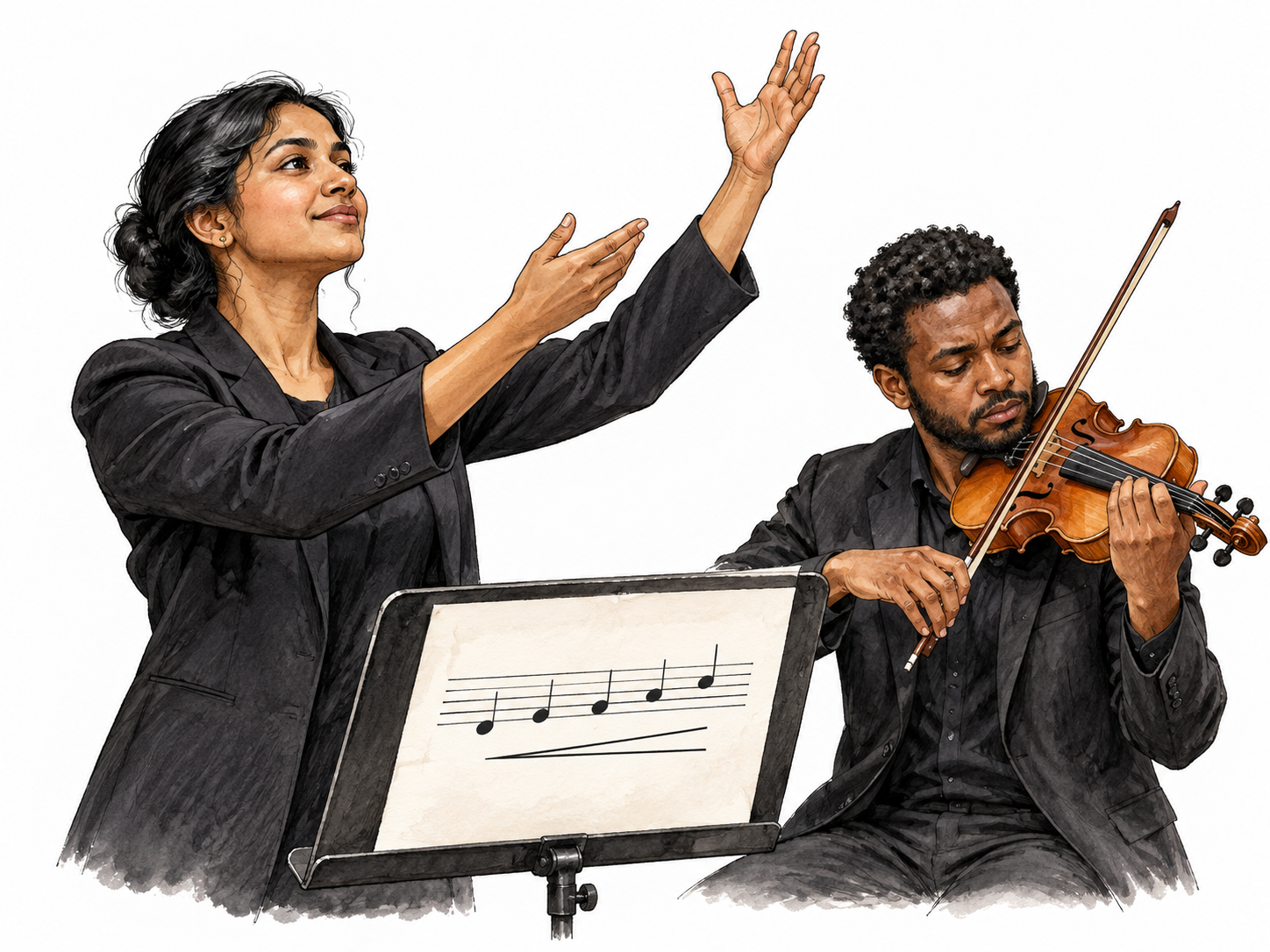 Conductor and violinist building musical intensity with visible crescendo marking.