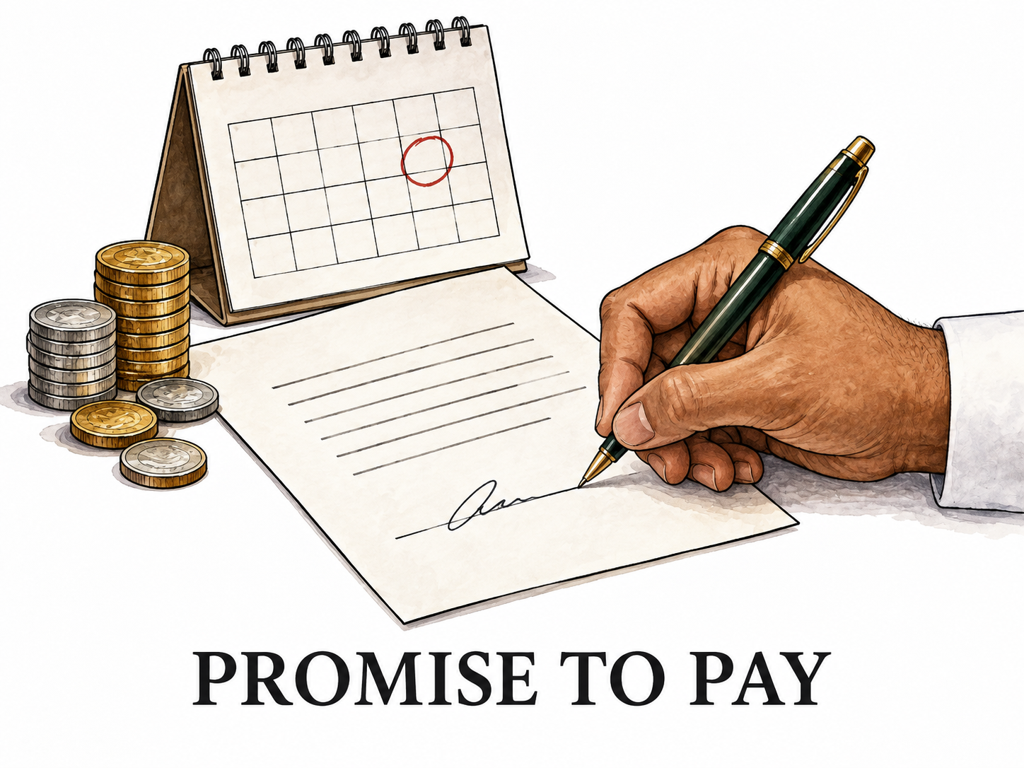 A hand signs a simple promissory note beside coins and a calendar; exact minimal title 'PROMISE TO PAY', no other legible text.