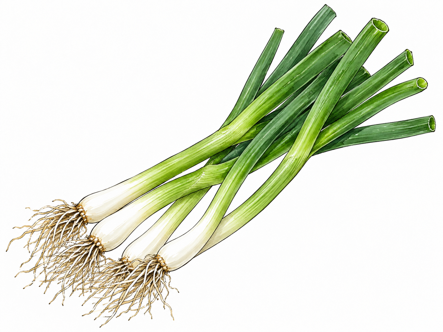 Fresh scallions with long hollow green stalks, slender white bases and fine roots, clean botanical still life.