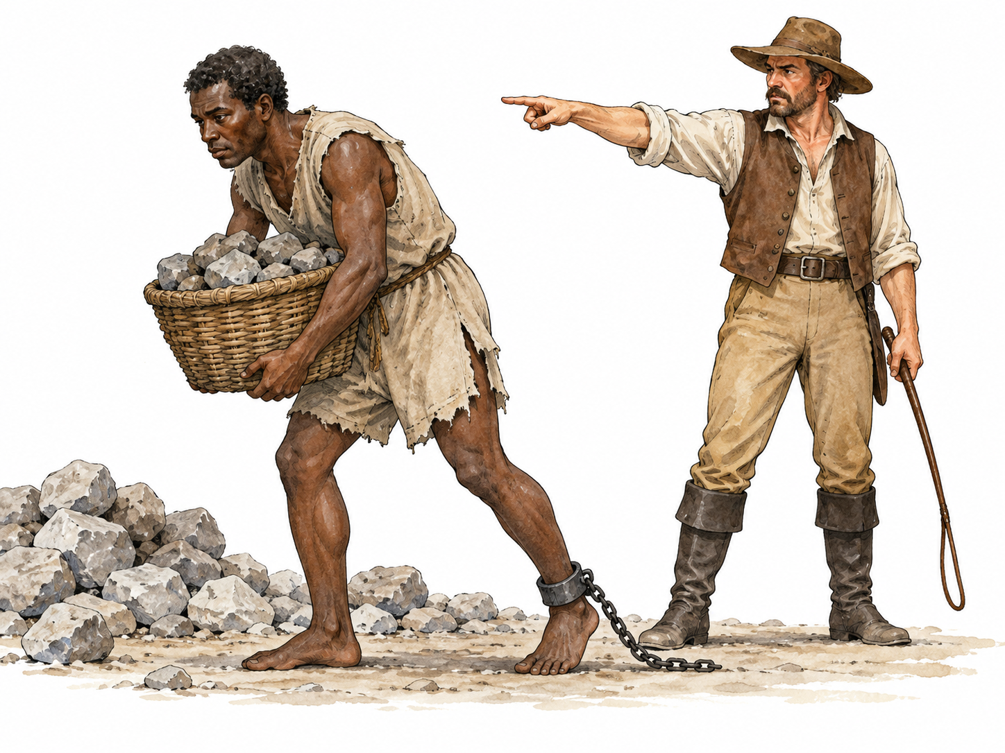 Enslaved worker compelled to carry stones.