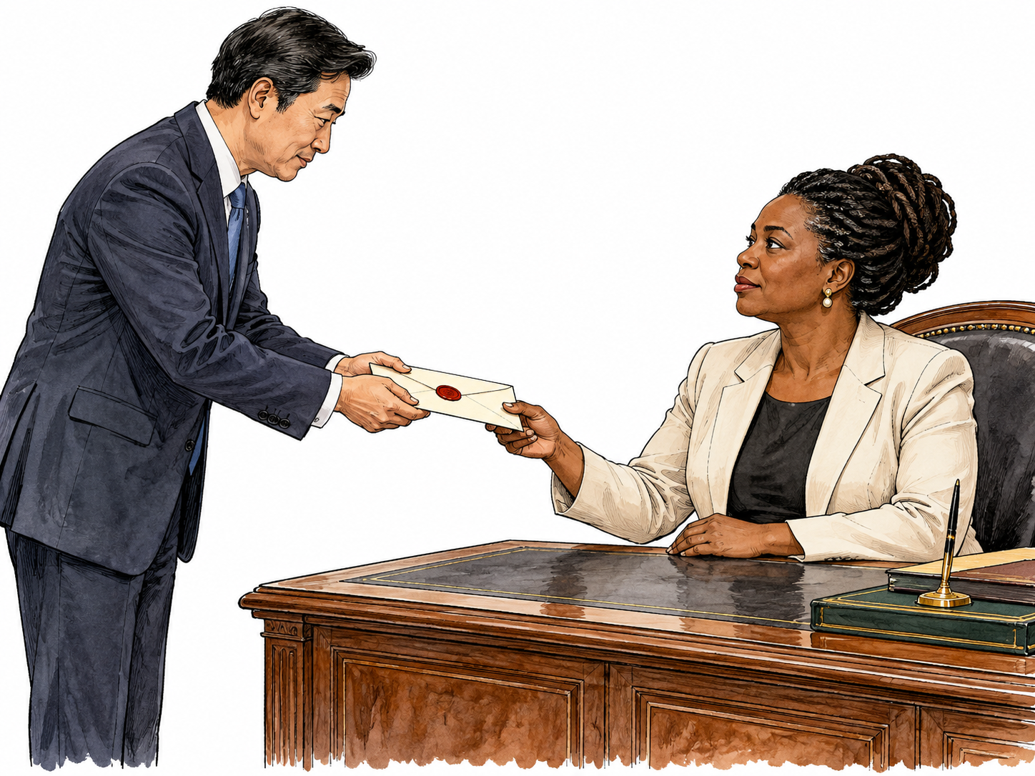 A formally dressed emissary presents a sealed diplomatic envelope to a seated official.