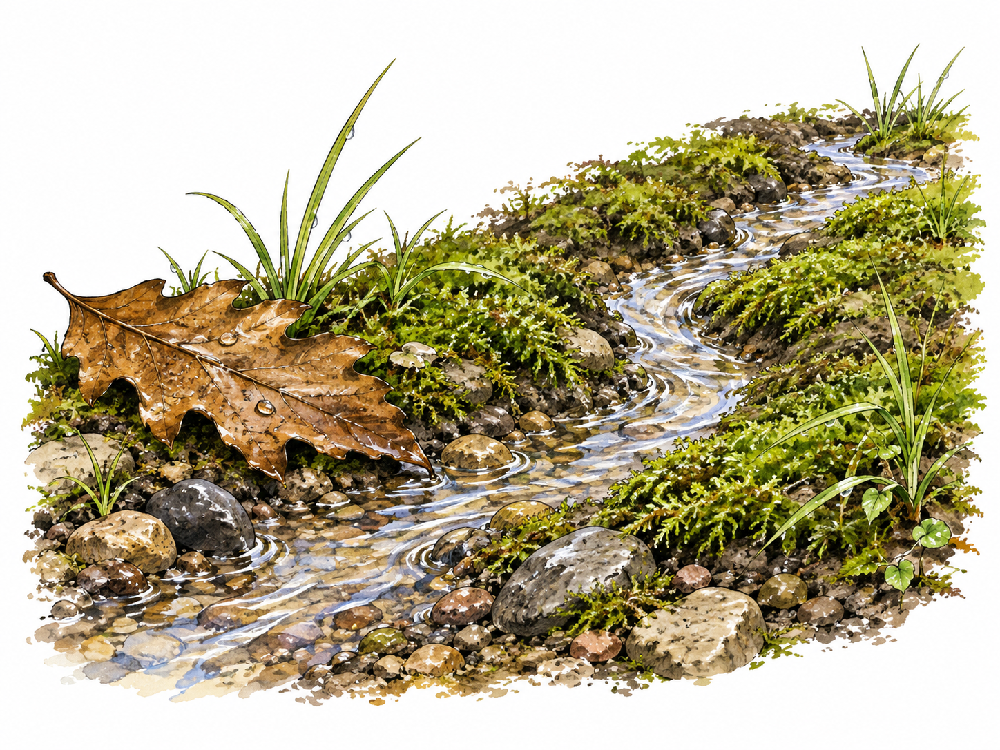 Tiny stream between moss and pebbles.