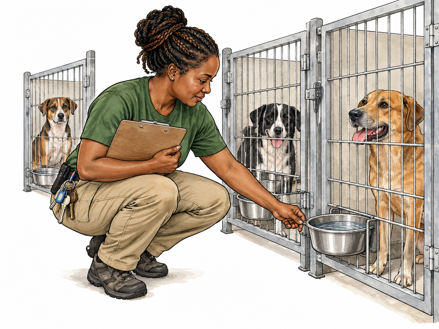 Caretaker attends to animals in her charge.
