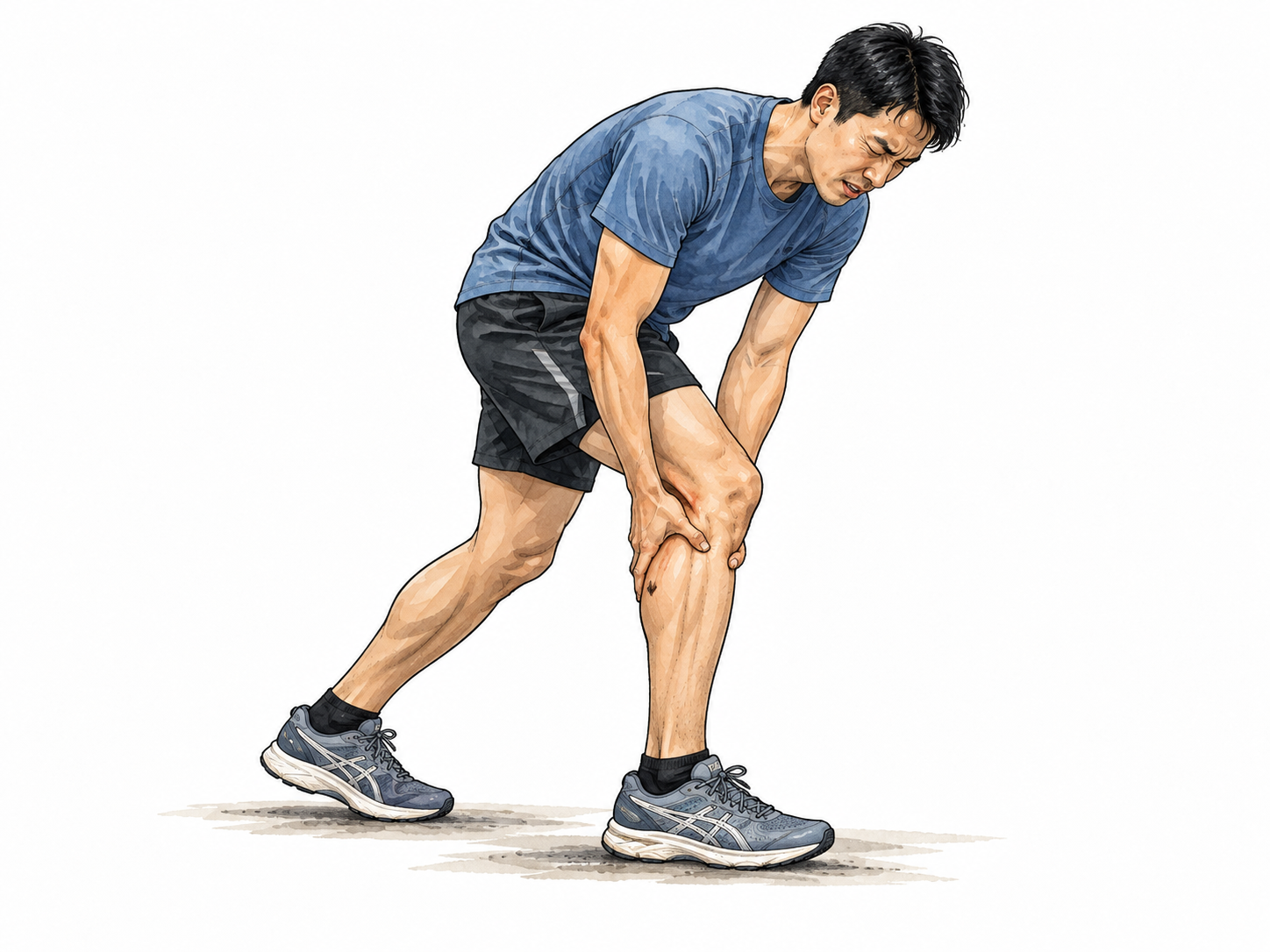 A runner stops and grips a cramped calf, winces mildly; clothed and anatomically realistic.