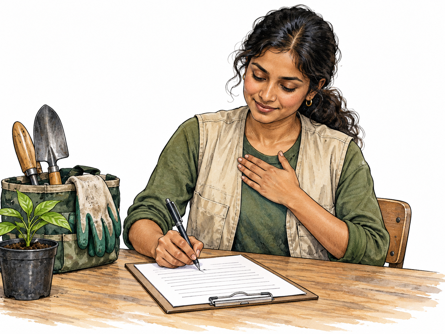 A volunteer signs a commitment sheet while putting a hand on their heart, planting tools ready beside the desk.