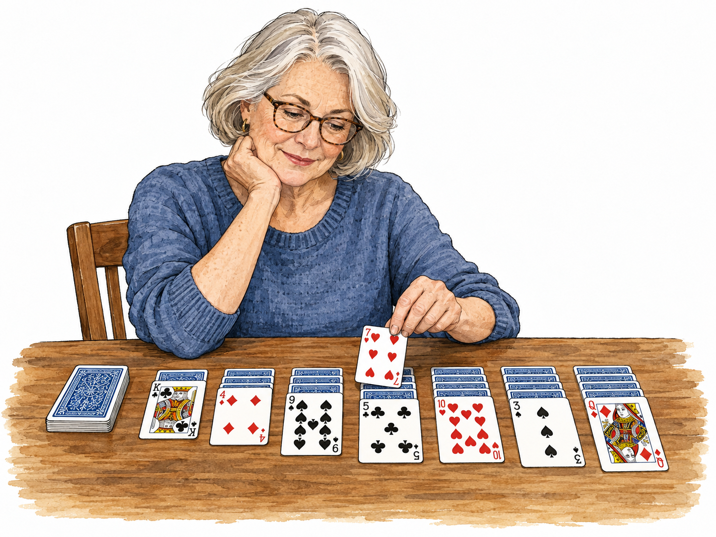 One adult plays solitaire at a table with seven card columns and a face-down stock; plausible card layout, no duplicate face symbols.