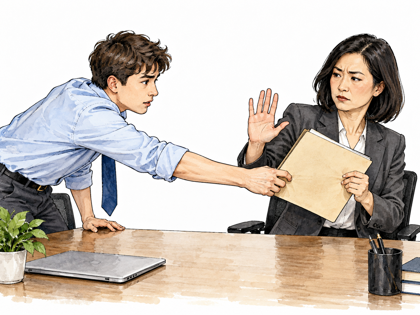 Employee intrudes on manager authority by grabbing her folder.