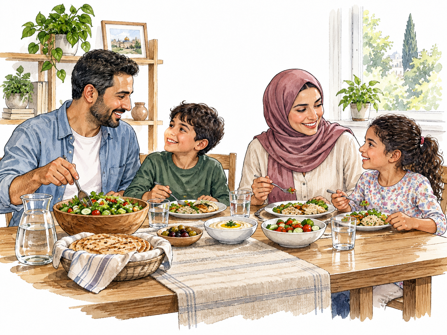 A comfortably housed family shares a nourishing meal in a safe bright home, health and well-being.