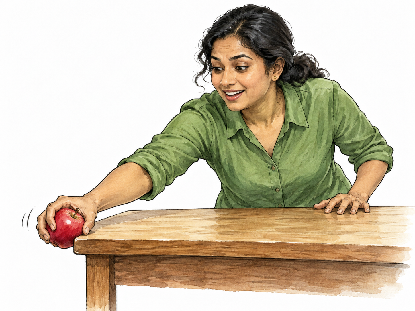 Woman catches an apple at table edge.