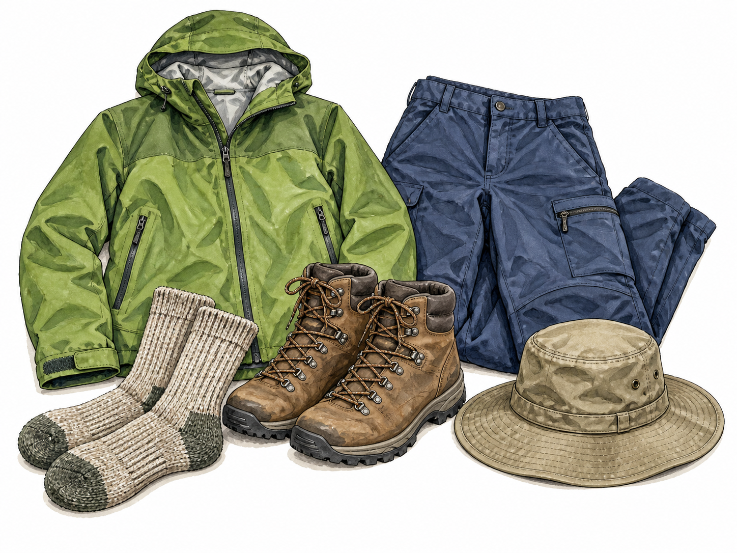 Hiking clothes arranged together.