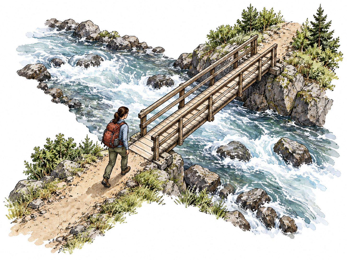 Hiker must take sole bridge crossing.