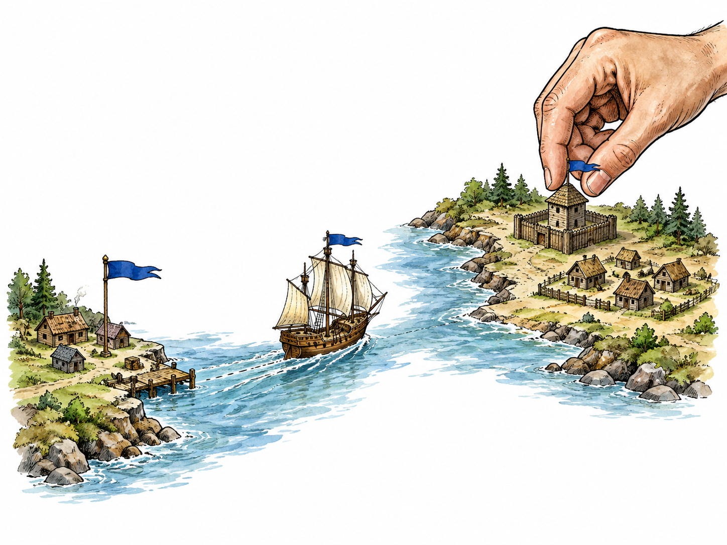 Miniature overseas settlement with matching flags and a fortified post.
