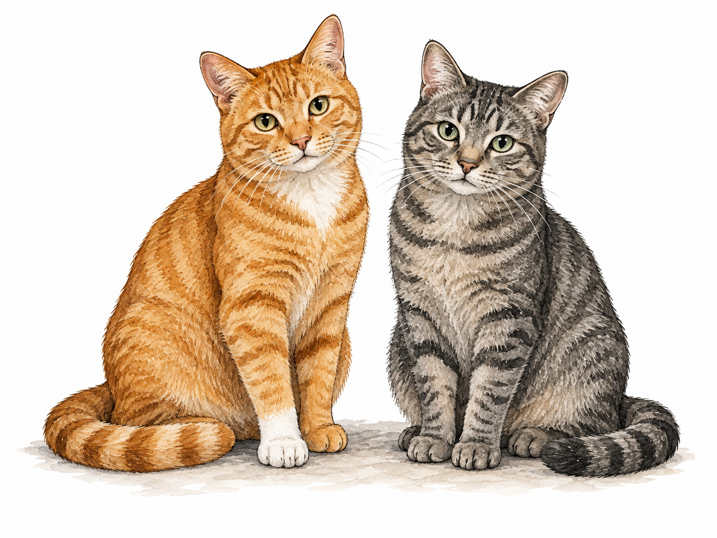 Cats with distinct coat characteristics, including one white paw.