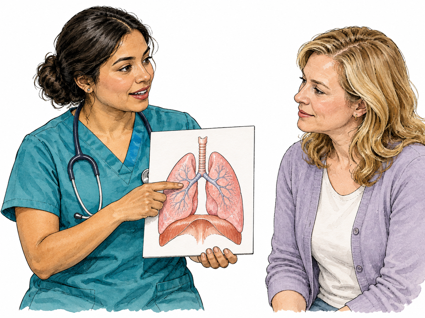 Nurse explains lung diagram to patient.