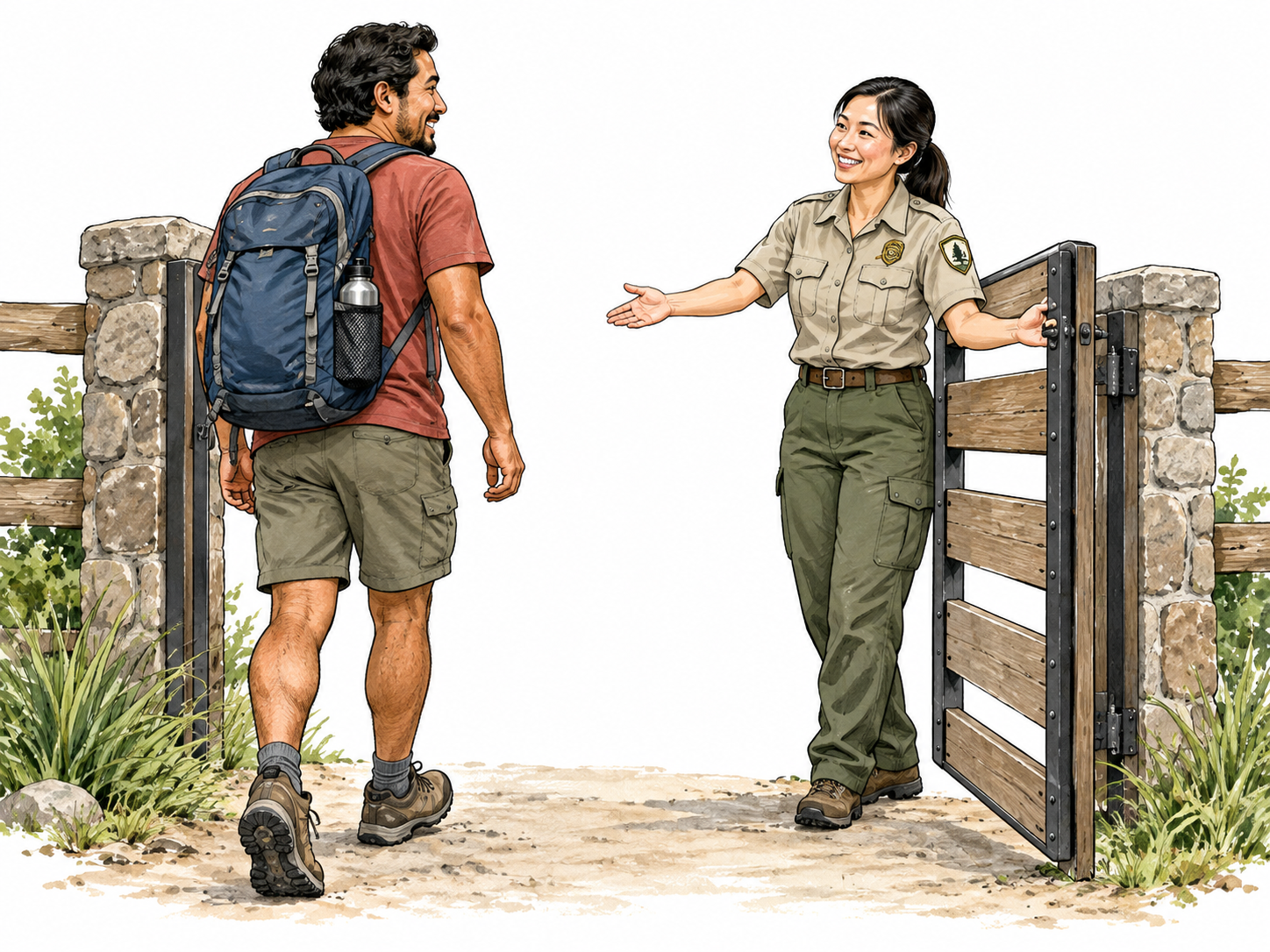 A park attendant opens a gate and gestures for a visitor to enter.