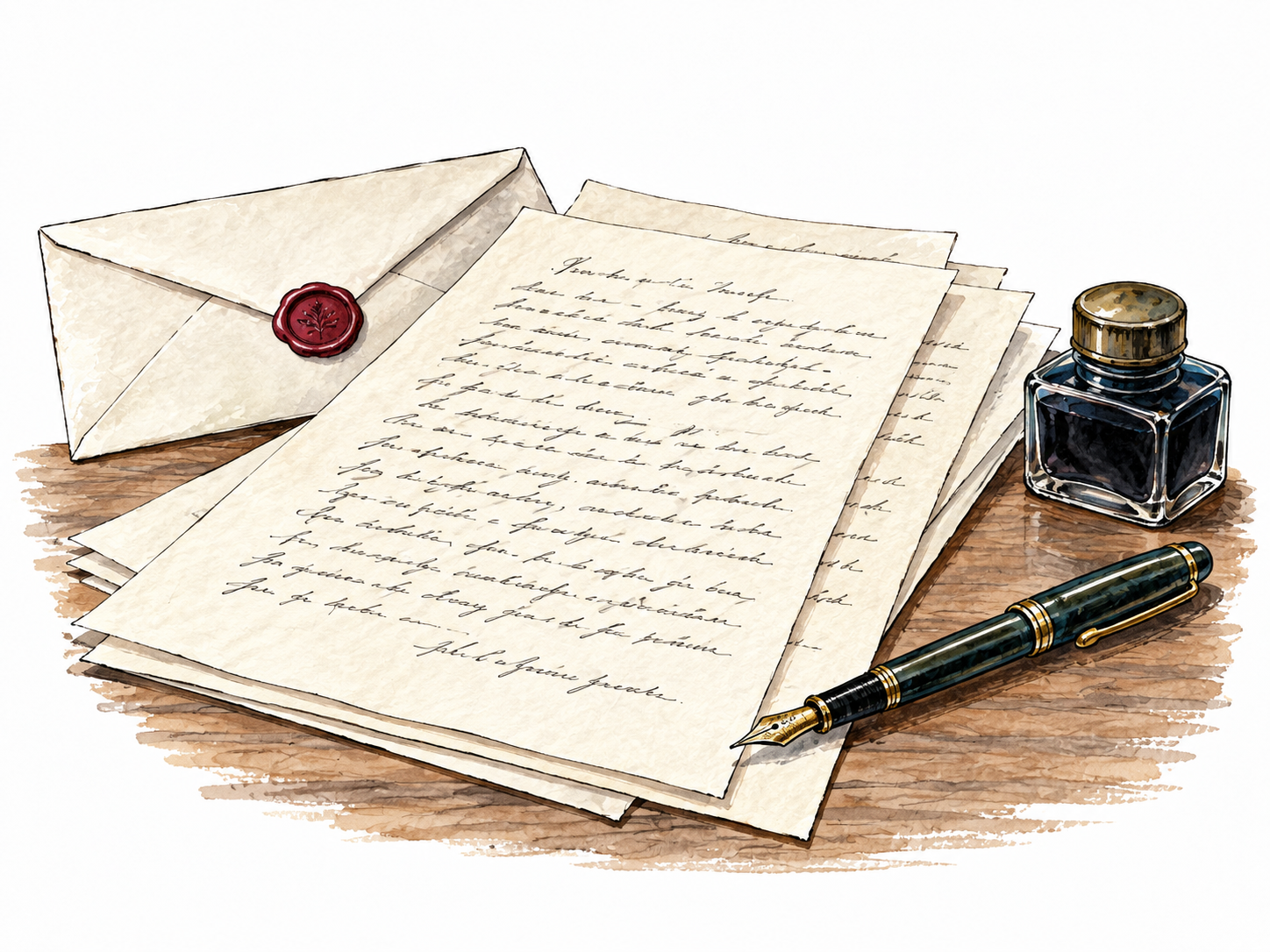 A long formal handwritten letter with several pages, envelope and fountain pen on a desk; writing indistinct.